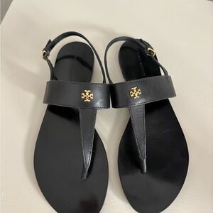 Tory Burch Black Sandals with Gold Emblem size 7